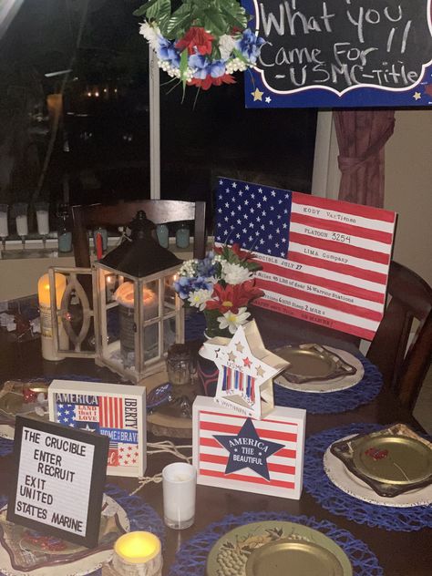 USMC crucible candle set up Crucible Table Marine, Marine Crucible Table Ideas, Marine Crucible, Usmc Graduation, Crucible Candle, Usmc Mom, The Crucible, Marine Mom, Table Ideas