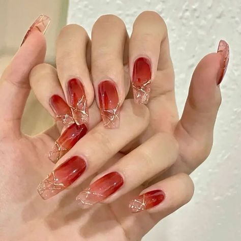 Gradient Red Nails, Red Nails Jelly, Red Blush Nails, Chinese Red Nails, Pretty Red Nails Design, Red Douyin Nails, Red Gradient Nails, Gold And Red Nails, Red Gold Nails