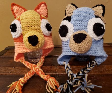 Bluey and Bingo Bluey Knitting Pattern, Bluey Hat Crochet, Bluey Bingo Crochet Hat Pattern, Bluey Crochet Hat Pattern, Knitting Pattern For Bluey The Dog, Crochet Slipper Pattern, Slippers Pattern, Crochet Basket, Crochet Slippers