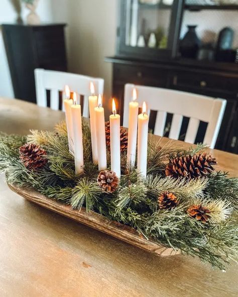 How to Make 3 Christmas Centerpieces Using a Dough Bowl Small Dough Bowl Christmas Decor, Dough Bowl Table Centerpiece, Decorating Bread Bowls For Christmas, Wood Bread Bowl Decorating Ideas, Hobby Lobby Dough Bowl Decor, Wood Dough Bowl Christmas Decor, How To Style Dough Bowl, Bread Bowl Centerpiece Ideas, Christmas Centerpiece Dough Bowl