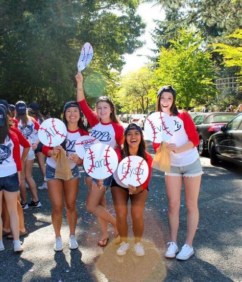 These new ADPis make a run for home at their baseball-themed Bid Day with sneakers and denim shorts. Baseball Theme Bid Day Sorority, Sports Bid Day Theme, Welcome To The Big Leagues Bid Day, Baseball Sorority Theme, Baseball Bid Day Theme, Baseball Bid Day, Sorority Recruitment Themes, Sorority Themes, Homecoming Themes