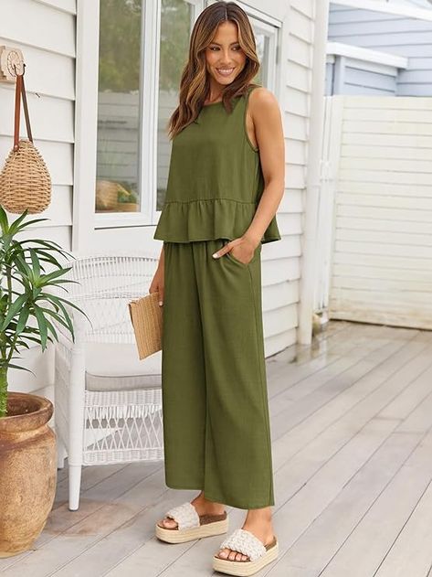 AUTOMET Womens Summer 2 Piece Outfits Linen Crop Tank Tops Lounge Matching Sets & Long Track Pants Tracksuits 2024 Summer 2 Piece Outfits, Loose Tank Tops, Linen Crops, Short Women, Loose Pants, Dress For Short Women, Cropped Tank Top, Crop Tank, Matching Sets