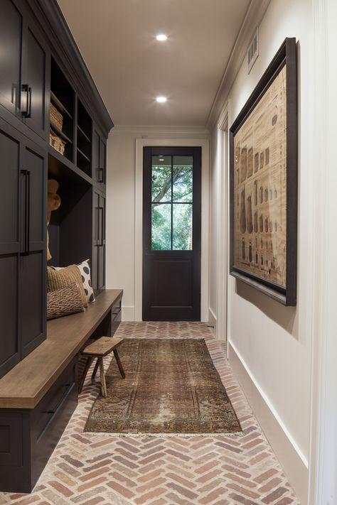 French Country Mudroom, French Country Exterior Homes, French Country Entry, French Country Entryway, Mud Room Laundry Room Combo, Mudroom Storage Ideas, Herringbone Brick Floor, Herringbone Brick, French Country Exterior