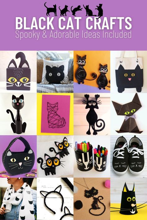 Celebrate Halloween and the beauty of black cats with some crafting fun! Try one of these magical black cat crafts for both kids and adults. Cat Themed Crafts For Adults, Diy Halloween Cat Decorations, Halloween Cat Craft, Diy Cat Gifts, Cat Pumpkin Carving Ideas, Cat Crafts For Kids, Halloween Cat Crafts, Cat Pumpkin Carving, Halloween Crafts To Sell