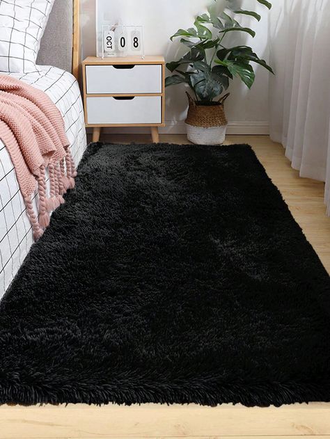 Black  Collar  Polyester   Embellished   Home Textile Black Fluffy Rugs Bedroom, Black Fluffy Carpet, Black Themed Room, Black Bedroom Rug, Black Carpet Bedroom, Fluffy Rugs Bedroom, Black Rug Bedroom, Black Rugs, Howard Shore