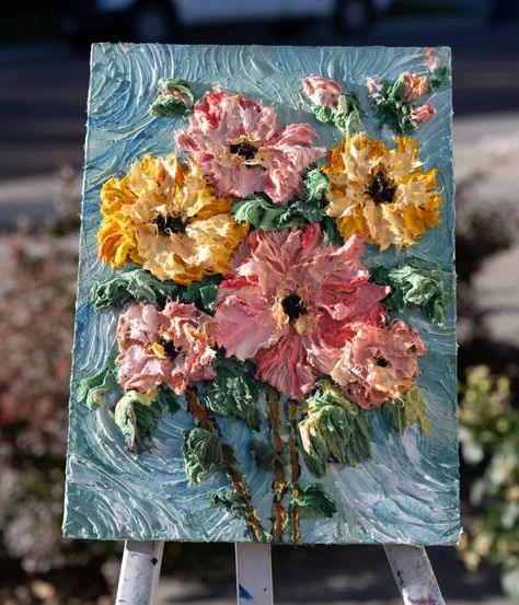 A textured oil painting https://www.artfinder.com/products/thick-texture-florals/preview/#/ depicting a vibrant bouquet of flowers with thick impasto strokes in shades of pink and yellow against a dynamic blue background. Collectible Floral Series. 'Brushstrokes thick and bold, Flowers bloom in vibrant hues, Canvas breathes with life.' latest Impasto Flower Painting! This Textured Oil Artwork showcases a Vibrant Bouquet Canvas, capturing the essence of spring with every brushstroke. 🌼✨ Ea... Bold Flowers, Thick Paint, Vibrant Bouquet, Textured Oil Painting, Paint Flowers, Impasto Painting, Original Art Painting, Paintings Prints, Flowers Bloom