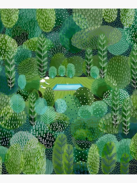 "Garden Pool" Mounted Print by Jane-Newland | Redbubble Jane Newland, 동화 삽화, Cindy Sherman, Garden Illustration, Naive Illustration, Jeff Koons, Forest Illustration, Louise Bourgeois, Damien Hirst