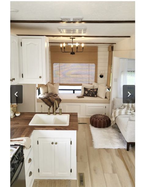 Modern French Farmhouse, Custom Rv, Rv Interior Remodel, Camper Interior Design, Beige Cabinets, Camper Trailer Remodel, Rv Renovation, Diy Camper Remodel, Rv Homes