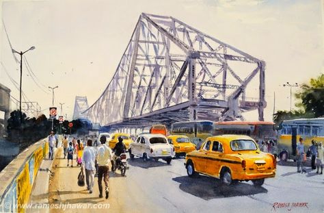 Howrah Bridge, Kolkata Kolkata Sketch, Kolkata City Drawing, Kolkata Skyline, Watercolour Cityscape, Howrah Bridge Kolkata, Kolkata Painting, Howrah Bridge, Kolkata City, Indian Journal