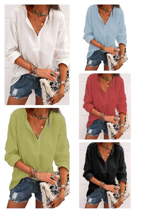 V Neck Blouses, Button Fashion, Loose Fashion, Shirt Casual Style, Cuffed Sleeve, Casual Shirt Women, V Neck Blouse, Linen Top, Casual Shirt