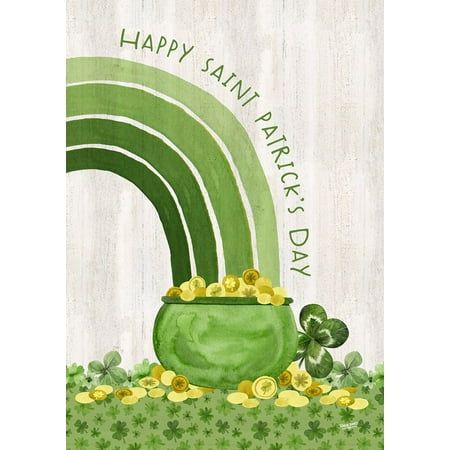 About this Item: This St Patricks Day flag features a pot of gold at the end of a green shaded rainbow. Gold coins spill out onto the ground below next to some shamrocks. Text reads 'Happy St. Patrick's Day' above the rainbow in an arch. Designed by Tara Reed, this St Pats decorative outdoor flag is the perfect addition to your house, garden, porch, yard, or patio! What's on your porch today? Manufactured by Toland Home Garden, the originator of the decorative art flag. After 45 years of bringin Old Irish Blessing, Erin Go Braugh, Saint Patricks Day Art, St Patricks Day Cards, Tara Reed, St Pats, Good Morning Friends Quotes, Irish Blessing, St Paddys Day