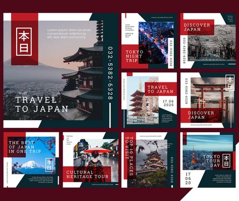 Japan Template Design, Japan Brochure Design, Japanese Powerpoint Template, Japan Layout Design, Japanese Social Media Design, Japan Travel Brochure, Japan Presentation, Japan Brochure, Digital Magazine Design