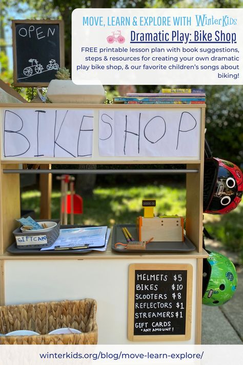 Step aside, lemonade stand! Enter: bike shop! This activity can provide hours of creative and imaginative fun, while also fostering a love for bikes! Here you will find fantastic children’s books about bikes, steps and resources for creating your own dramatic play bike shop, and our favorite children’s songs about biking. Move, learn and explore! This activity is great for both play at home and dramatic play areas in preschool/ kinder classrooms! Bike Activities For Preschool, Eyfs Outdoor Area, Book Area, Bike Rally, Role Play Areas, Family Day Care, Preschool Art Projects, Printable Lesson Plans, Dramatic Play Area