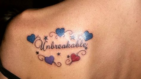 "Unbreakable" represents bond of Family. The hearts represent   the birthstone colors of my children and myself. Our bond is unbreakable <3 <3 <3  #tattoo  #family  #tattoosforwomen Side Chest Tattoo, Michelle Tattoo, Tattoos Representing Family, Siblings Tattoos, Tattoos Representing Children, Small Wing Tattoos, Family Heart Tattoos, Daughters Tattoo, Chest Tattoo Girl