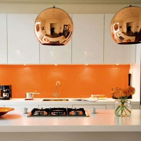 Kitchen Spotlights, Kitchen Lighting Over Table, Orange Kitchen Decor, Kitchen Lighting Ideas, Kitchen Lighting Design, Orange Rooms, Kitchen Mood Board, Orange Kitchen, Kitchen Splashback