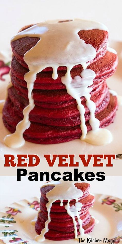 Red Velvet pancakes that are made from cake batter and will work with any cake mix you choose. Perfect for kids birthday parties or Monday mornings. #pancakes #redvelvet #creamcheese #breakfast Pancakes Cake, Cake Batter Pancakes, Velvet Recipes, Pancakes For Two, Red Velvet Pancakes, Red Velvet Recipes, Pancake Cake, Valentine Recipes, Pancake Recipes