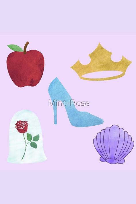 Enjoy this watercolor pattern of symbols of different Disney princesses, including Snow White, Sleeping Beauty, Cinderella, Belle, and Ariel available on my RedBubble shop (Mint-Rose) with over 90 types of products available Snow White Symbols, Disney Princess Symbols, Disney Symbols, Snow White Sleeping, Princess Watercolor, Disney Sleeve, Disney Princess Cinderella, Disney Designs, Disney Ariel