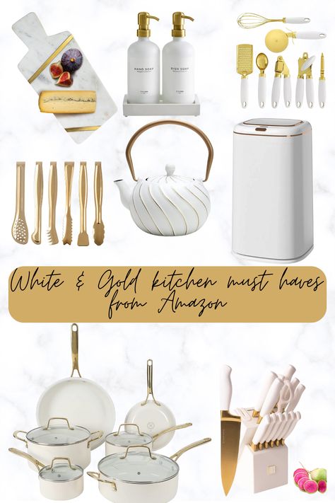 White And Gold Home Aesthetic, White Gold Kitchen Appliances, White And Gold Kitchen Decor Ideas, All White Kitchen Decor, White And Gold House Interior, Gold Aesthetic Kitchen, Gold Kitchen Aesthetic, White And Gold, White And Gold Kitchen Decor