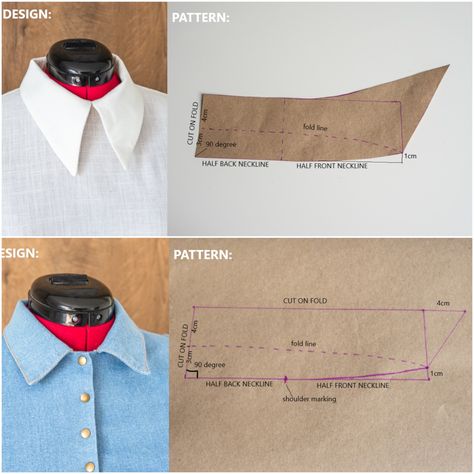 Pattern Collar Sewing, How To Make Shirt Collar Pattern, Collar Shirt Pattern Sewing, Women Shirt Collar Pattern, Shirt Drafting Pattern, How To Put A Collar On A Shirt, Collar Stand Pattern, How To Make A Shirt Collar, How To Draft A Shirt Collar Pattern