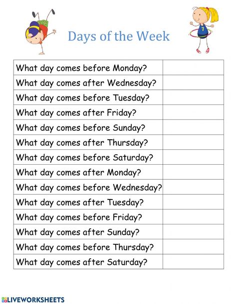 Days of the Week free online worksheet Word Of The Week Worksheet, Days Name Worksheet, Days Of The Week Worksheet For Grade 2, Days Of The Week Worksheet Grade 1, Naming Words For Class 1, Days Of Week Worksheet, Days Worksheet, Days Of The Week Activities, Basic Math Worksheets