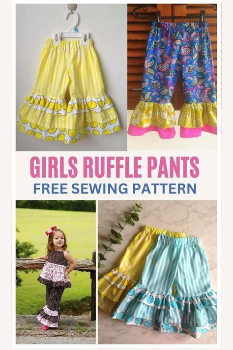 Girls Ruffle Pants FREE sewing tutorial and pattern (6/12mths to 2yrs). Make your Girls Ruffle Pants with 1, 2, or 3 layers of ruffles to dress her up for summer! The designer says your little sweetheart will love the comfort and versatility of these ruffle pants. The style and the fit of the pants would make it her favorite for the coming summer. SewModernKids How To Add Ruffles To Pants, Girls Pants Sewing Pattern Free, Kids Flare Pants Patterns, Toddler Ruffle Pants Pattern Free, Sewing Frills Ruffles, Ruffle Pants Pattern, Baby Ruffle Pants, Girls Ruffle Pants, Ruffle Outfit