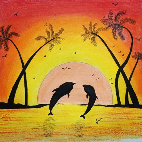 Beautiful sunset🌞 with Dolphins 😍 Beautiful Sunset, Oil Pastel, Dolphins, Pastel, Art