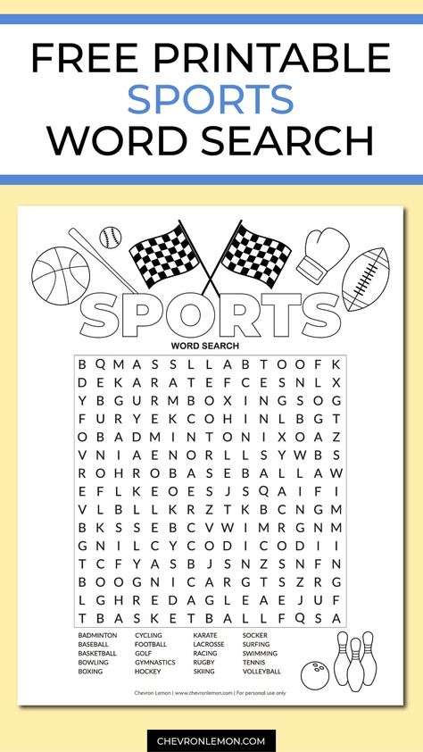 Free printable sports word search puzzle - Chevron Lemon Sports Word Search Printables, Sports Word Search, Letter Grid, Holiday Word Search, Word Puzzles For Kids, Word Search For Kids, Kids Word Search, Sports Theme Classroom, Elementary Physical Education