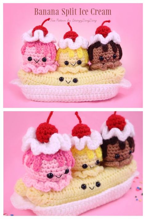 Crochet Ice Cream Amigurumi Free Patterns - DIY Magazine Banana Split Crochet, Crochet Banana Split, Amigurumi Candy Free Pattern, Crochet Banana Pattern Free, Crochet Banana, Banana Split Ice Cream, Crochet Candy, Crochet Plushie, Confection Au Crochet