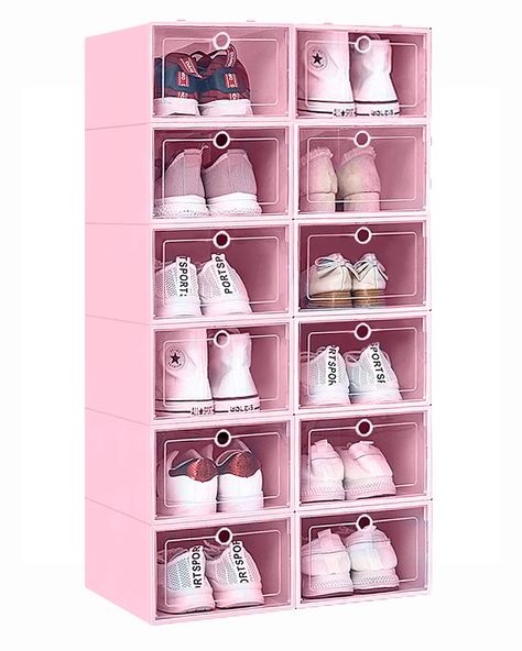 PRICES MAY VARY. 💙【Easily Assembling Shoe Container】 Easy to take dimensions: 13 L x 9 W x 5.4 H inches. These foldable and stackable shoe boxes storage come flat-packed so all you have to do is to fold them up and lock them together depend on your needs. It only takes you few minutes to put boot storage together, Please click on the video and install under instruction. 💙【Perfect Space Saver】】Stackable Storage Shoe Box help to simply organize closets and living areas, flat folding design makes Small Shoe Organization, Shoe Cubby Closet, Pink Shoe Rack, Show Organizer Storage Ideas, Cute Shoe Rack, Toddler Shoe Storage, Shoe Cases, Shoe Closet Organization, Dorm Shoe Storage