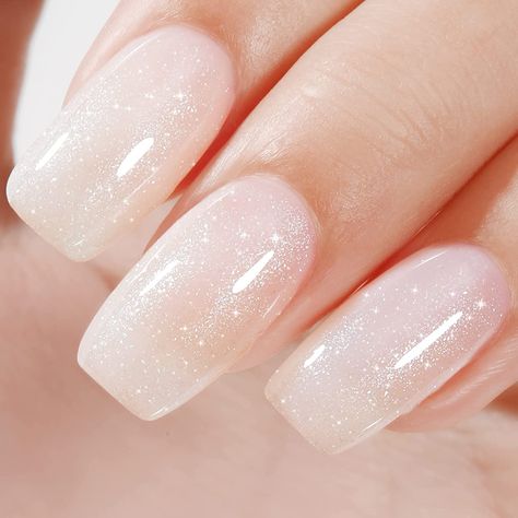 Milky Shimmer Nails, Glitter Milky Nails, White Sparkle French Tip Nails, Milky Nails With Glitter, Josie Wedding, Nail Options, Glitter Gel Nail Polish, White Gel Nails, Red Gel Nails