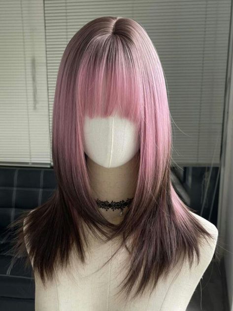 Chocolate And Pink Hair, Pink Hair Strands Brunette, Pink To Brown Hair, Pink To Black Hair, Pink Hair Black Tips, Pink Hair With Black Roots, Light Pink Highlights In Black Hair, Black To Pink Ombre Hair, Pink Hair With Black Tips