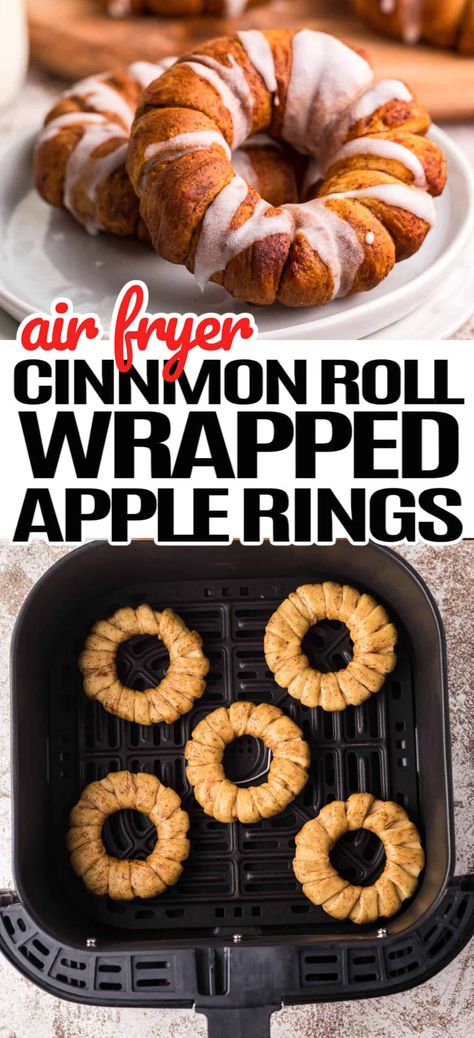 Meet your new favorite way to easily make a scrumptious snackable apple pie with 2-ingredient Air Fryer Cinnamon Roll Wrapped Apple Rings! #Realhousemoms #airfryer #cinnamonroll #apples #rings #cinnamon #snacks #dessert #galaapples #Christmas #thanksgiving #backtoschool Air Fry Apple Rings, Cinnamon Apple Rings Air Fryer, Apple Rings With Crescent Rolls, Apple Pie Rings With Crescent Rolls, Apple Pie Rings, Cinnamon Snacks, Air Fryer Christmas, Fried Apple Rings, Cinnamon Apple Rings