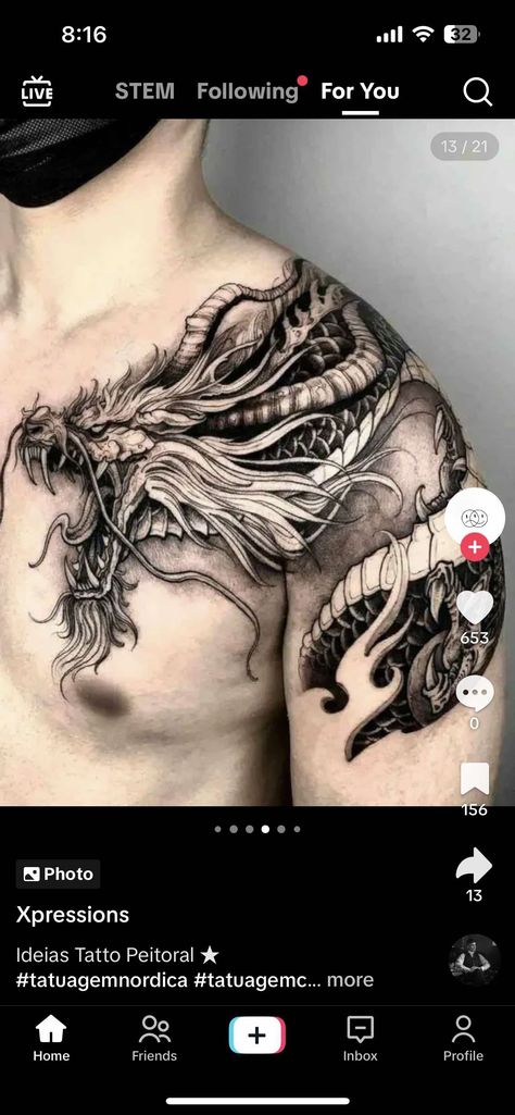 Dragon Chest Tattoo, Dragon Tattoo Shoulder, Dragon Tattoo Chest, Japanese Hand Tattoos, Samurai Tattoo Sleeve, Dragon Head Tattoo, Full Chest Tattoos, Asian Dragon Tattoo, Dragon Tattoos For Men