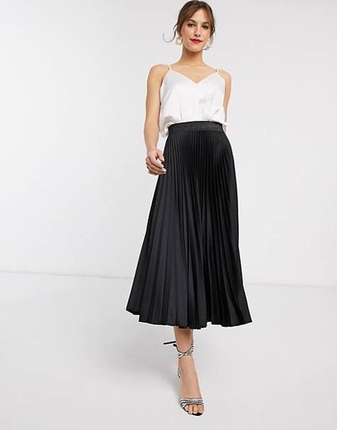 Wedding Guest | Wedding Party Dresses & Shoes | ASOS Midi Skirt Wedding, Midi Rok Outfit, Black Midi Skirt Outfit, Flowy Black Skirt, Midi Rock Outfit, White Party Outfit, Accordion Skirt, Black Skirt Outfits, Wedding Outfits For Women