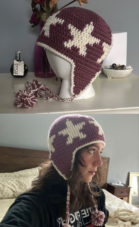 Crochet Ushanka, Chowder Beanie Crochet, Stranger In The Alps Crochet, Ushanka Crochet, Crochet Horn Balaclava, Cat Hat Crochet Aesthetic, Crochet Fairy, Crochet Heart Pattern, Crochet Clothing And Accessories