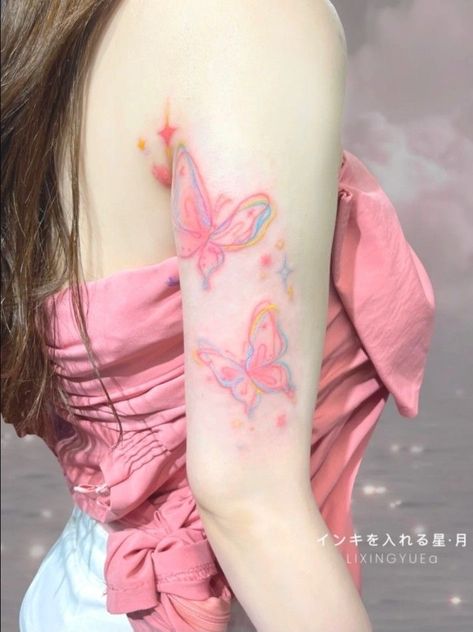 coquette temporary pastel kawaii Matching Colorful Tattoos, Kawaii Butterfly Tattoo, Super Cute Tattoos, Colorful Fine Line Tattoo, Pastel Butterfly Tattoo, Soft Girl Tattoos, Cute Colorful Tattoos, Kawaii Tattoo Ideas, A Butterfly Tattoo