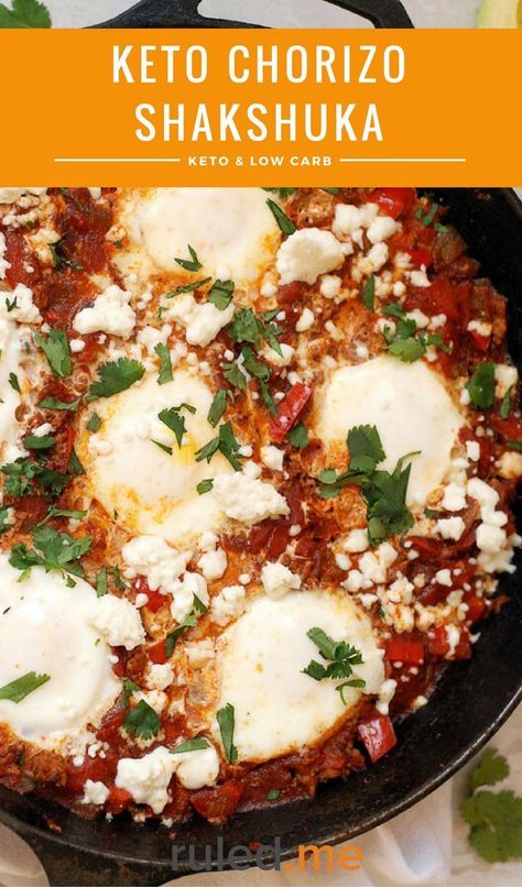 Keto Chorizo Shakshuka | This keto version of Chorizo Shakshuka is a twist on the traditional and incorporates some Mexican flavors. It’s made with spicy chorizo sausage and tomatoes, simmered with chili powder and cumin, and topped with queso fresco and cilantro. #keto #meals #ketorecipes #lowcarbrecipes Chorizo Shakshuka, Keto Chorizo, Chorizo Recipes Dinner, Eggs Poached, Ketogenic Breakfast, Chorizo And Eggs, Chorizo Recipes, Resep Diet, Chorizo Sausage