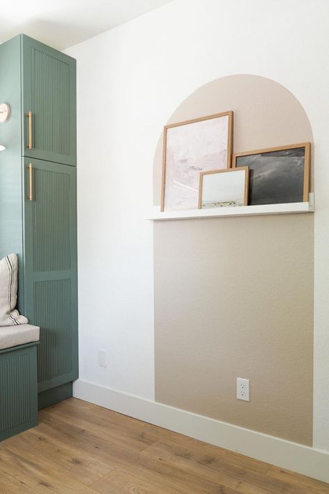 Paint Behind Picture Frame, Painted Arch Accent Wall With Shelves, Lash Suite, Art Ledge, Light Airy Bedroom, Painted Arch, Art Nook, Afro Boho, Hawaiian House