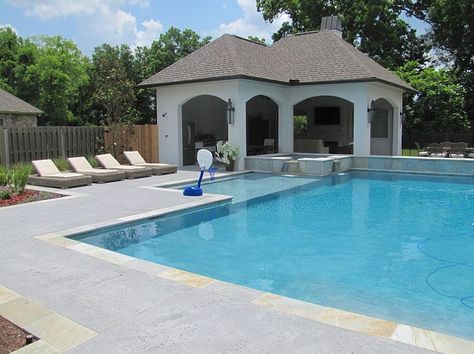 Outdoor Design Trend: 23 Fabulous Concrete Pool Deck Ideas Outdoor Restroom Ideas Pool Houses, House Pools, Rectangular Pools, Concrete Pool Deck Ideas, Outdoor Restroom, Pool Concrete, Restroom Ideas, Concrete Pool Deck, Pool Decking