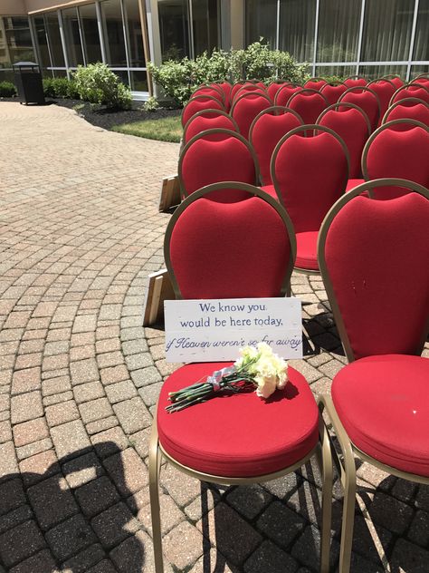 In loving memory of those who have passed. A seat dedicated to them at the ceremony #weddings #cleweddings Wedding Seats For Passed Loved Ones, Passed Loved Ones Wedding Seat, Wedding Seat For Lost Loved One, Memorial Sign For Wedding Chair, Saving A Seat For Someone In Heaven Wedding, Ceremony Seating, Wedding Arrangements, Quince, Wedding Seating