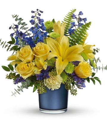 Sapphire Sunrise Bouquet: Sophisticated Blue & Yellow Bouquet - Veldkamp's Flowers | Denver Florist | Fresh Cut Flowers | Nationwide Same Day Flower Delivery Blue And Yellow Bouquet, Yellow Flower Arrangements, Get Well Flowers, Yellow Bouquets, Thank You Flowers, Flower Arrangements Simple, Cemetery Flowers, Church Flowers, Order Flowers Online