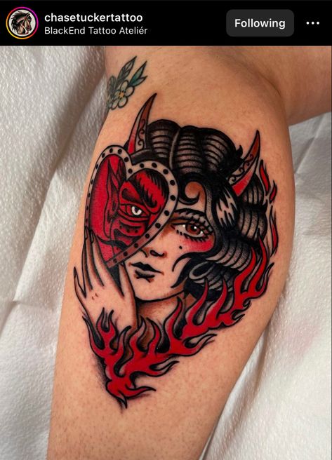 Demon Girl Tattoo, Patch Tattoos, Traditional Tattoo Woman, Traditional Heart Tattoos, Mujeres Tattoo, Vampire Tattoo, Traditional Tattoo Inspiration, American Traditional Tattoo Ideas, Traditional Tattoo Ideas