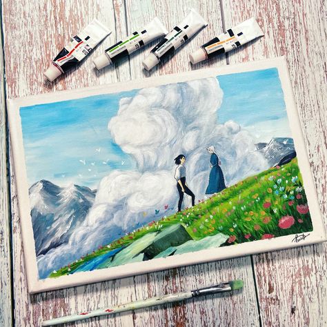 Guache Paintings Ghibli, Howls Moving Castle Watercolor Painting, Howls Moving Castle Scenes To Paint, Guache Painting Studio Ghibli, Anime Scenes To Paint, Studio Gibhili Paintings, Painting Ghibli Scenes, Watercolor Art Studio Ghibli, Studio Ghibli Art Style Tutorial