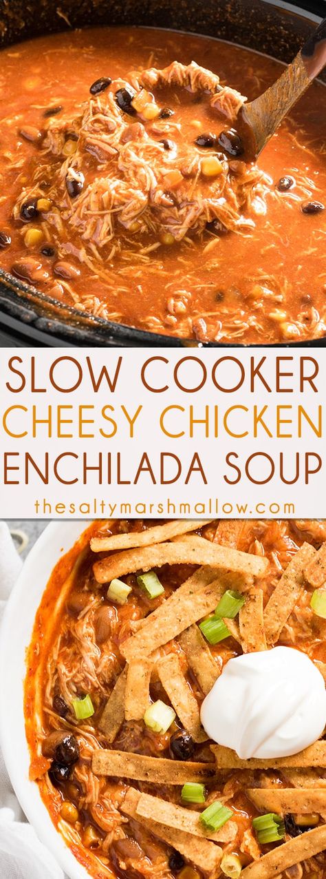 Slow Cooker Chicken Enchilada Soup, Cheesy Chicken Enchiladas, Chicken Tender, Chicken Enchilada Soup, Enchilada Soup, Chicken Enchilada, Crockpot Dishes, Winter Dinner, Tender Chicken