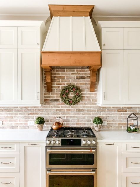 Cottage Design Ideas Interiors, White Cabinet With Brick Backsplash, First Home Decorating, Woods And White Kitchen, White Cabinets Brick Backsplash Kitchen, Joanna Gaines Backsplash Ideas, Farmhouse Backsplash Brick, Tudor Cottage Interior Kitchen, Brick Backsplash Kitchen With Butcher Block Countertops