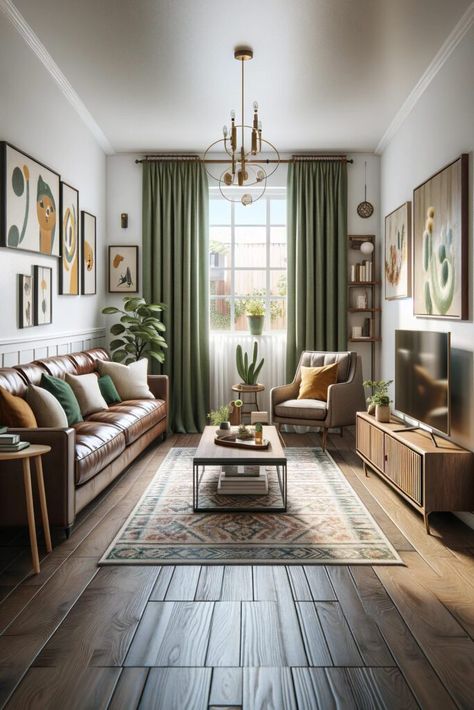 Green Living Room Color Scheme Curtains, Sage Green Living Room Brown Sofa, Brownstone Living Room Ideas, Brown Couch Green Accents, Green And White Curtains Living Room, Curtains With Brown Couch, Living Room Olive Green Accents, Light Green And Brown Living Room, Green And Oak Living Room