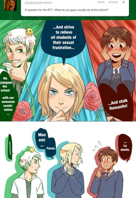 funny hetalia pictures | And to stalk romano! Ask the BTT - Bad Touch Trio --- France Spain ... Bad Touch Trio, Bad Touch, Hetalia Funny, Poke Ball, Hetalia Ships, Hetalia Axis Powers, Bad Friends, Axis Powers, Hetalia