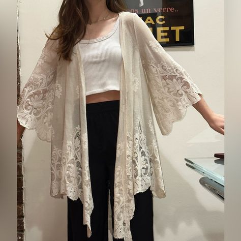 Lacey cover up shrug Fairy Photos, White Shrug, Sequin Kimono, Lace Shrug, Mesh Cardigan, College Essentials, Beautiful Fairy, Outwear Women, Lace Sweater