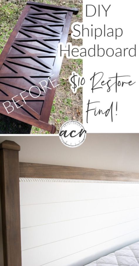 This $10 ReStore find got a brand new look... DIY Shiplap Headboard, so simple to create this look! artsychicksrule.com Headboard Redo, Diy King Headboard, Shiplap Headboard, Headboard Makeover, Crown Molding Shelf, Stained Dresser, Driftwood Stain, Shiplap Wall Diy, Diy Shiplap