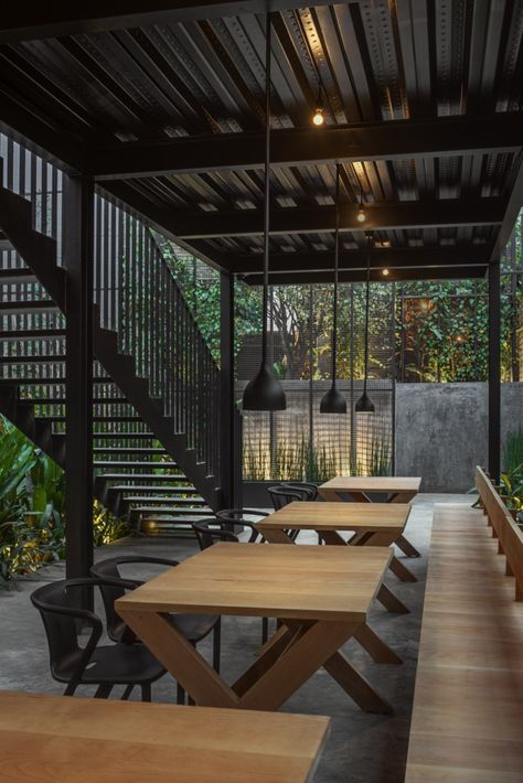 Garden Restaurant| M9 Design Studio - The Architects Diary Backyard Restaurant, Outdoor Restaurant Design, Restaurant Patio, Garden Restaurant, Building A Pergola, Pergola Lighting, Pergola Design, Pergola With Roof, Rooftop Restaurant